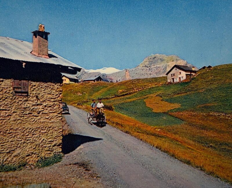 Char et cheval sur l'ancienne route. Vers 1950