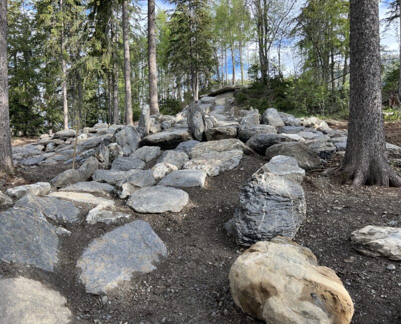 Obstacle du WHOOP UCI Mountain Bike World Series. Descente sur blocs de pierre. 17.05.2024